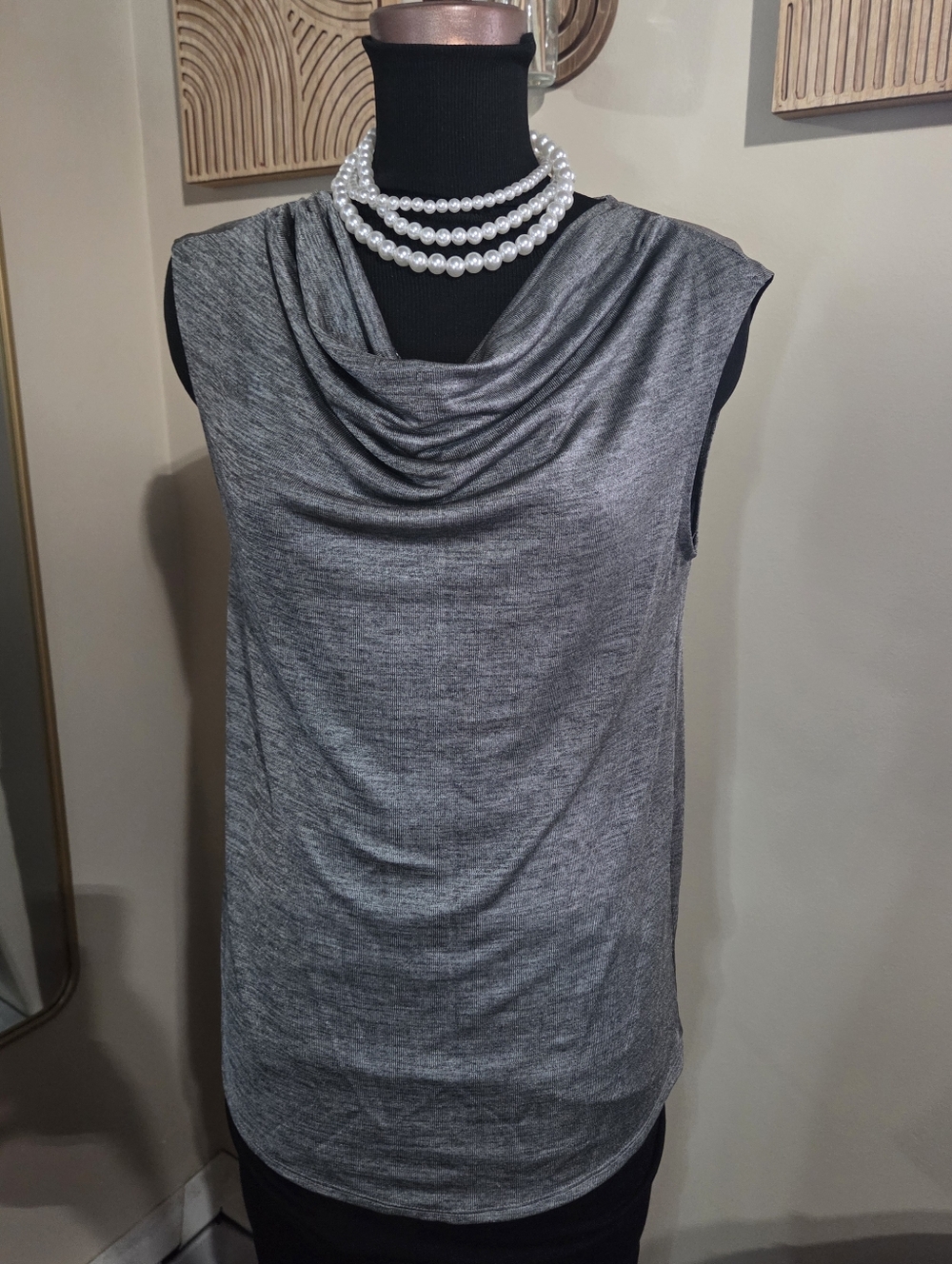 Vtg. Halston Sleeveless Cowl Neck Top Metallic Heather Gray SM